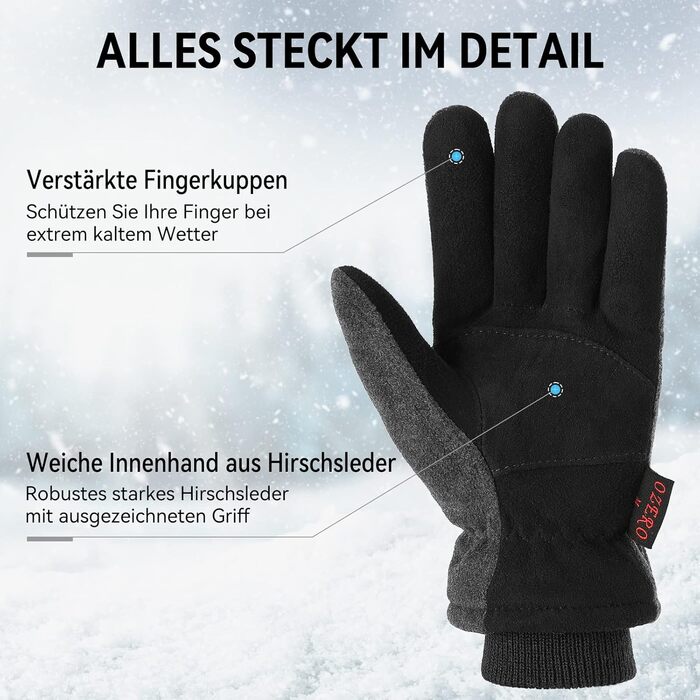 Зимові рукавички OZERO для чоловіків та жінок -30°C, з оленячої шкіри, водонепроникні, вітронепроникні, для водіння, піших прогулянок, велосипеда (L, сірий)