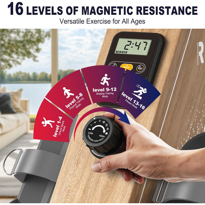 Гребний тренажер для дому OR3 з магнітним опором, Bluetooth монітором, 16 рівнів навантаження, вертикальним зберіганням та 2 роками гарантії