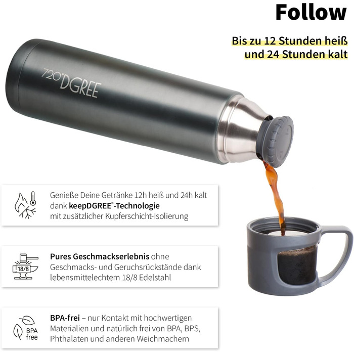 Термос 720°DGREE Follow з чашкою, 450 мл, нержавіюча сталь, BPA-free, ізольований, для кави та чаю, для дітей, школи, роботи, сіро-кам'яний