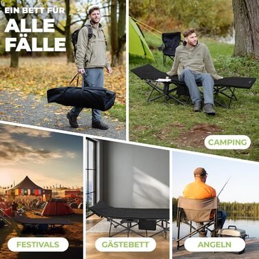 NORDICTRAILS Кемпінгове ліжко NORDICTRAILS - розкладне, XXL, зручне | Розкладне, легке та широке для відпочинку на природі | Гостьове ліжко, лежак, розкладне ліжко, рибальське ліжко, кемпінгове ліжко для коропа з суперм'яким матрацом (з матрацом, чорне)