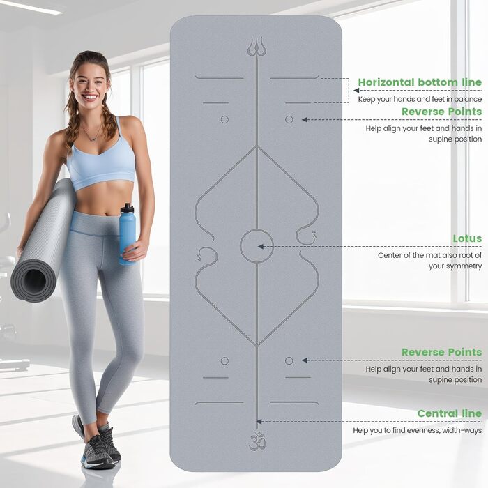 Йога мат Soontrans 8 мм, TPE, 183x68 см (сірий) - з гумками, килимком для колін та фітнес аксесуарами