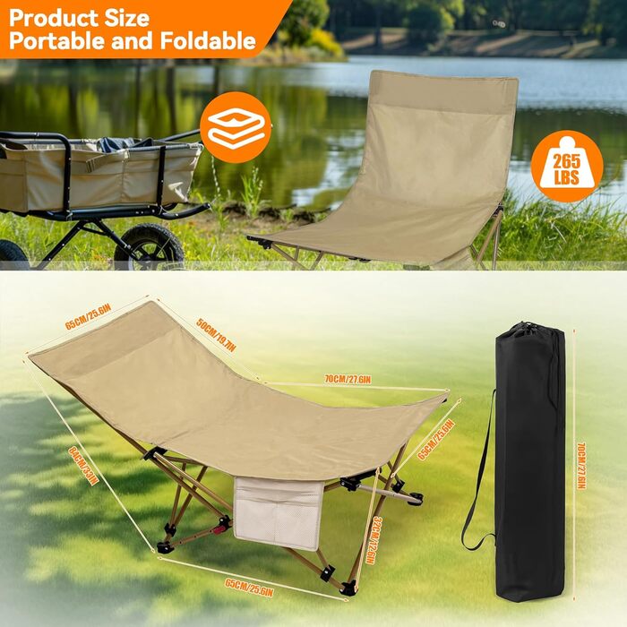 Зручний складаний стілець для кемпінгу та відпочинку на природі (150 кг), легкий, з регулюванням кута нахилу, з сумкою, хакі