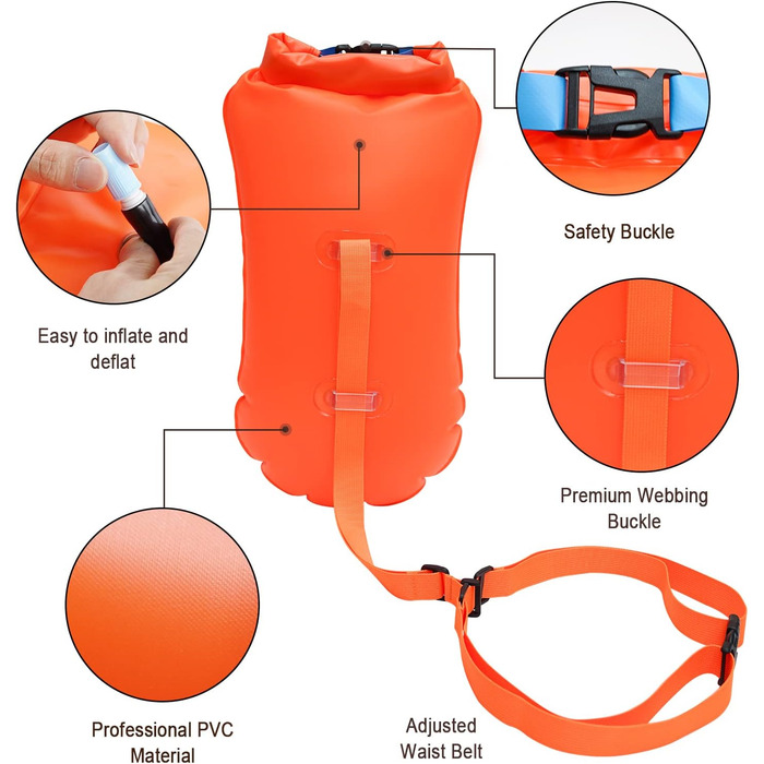Надувна плавуча шийка 20L помаранчевого кольору для дорослих та дітей - безпечний тримач для плавання у відкритій воді та триатлону