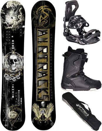 Airtracks Сноубордний комплект для чоловіків Freeride/Freestyle з карбоновою дощечкою Wow Wide Hybrid Rocker + кріплення Master + черевики + сумка для сноуборду, 155/160/164 см