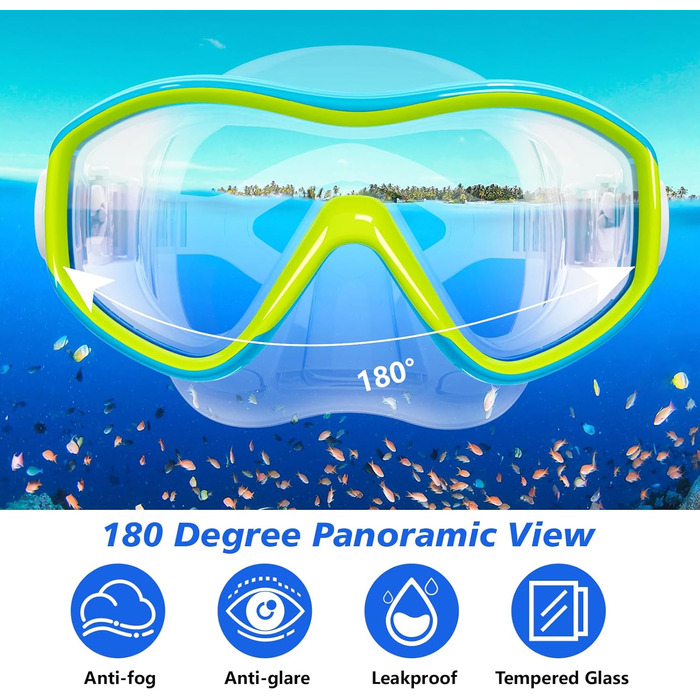 Дитячий набір для снорклінгу GoseWave: маска, трубка, окуляри. Для дітей 5-15 років. Anti-fog (антизапітніння), Dry Top (суха трубка), унісекс, блакитний, S/M(1-4)