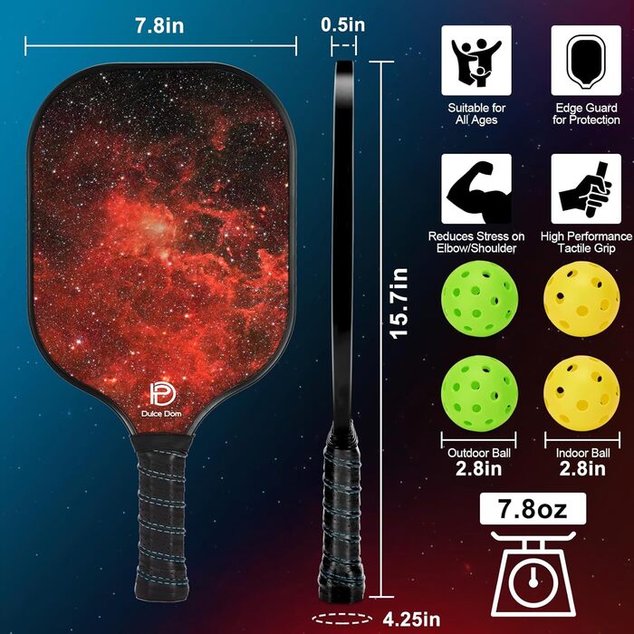 Набір піклбол-ракетки DULCE DOM (2/4 шт.) з м'ячами та сумкою, USAPA, скловолокно/вуглеволокно, для гри в приміщенні та на вулиці