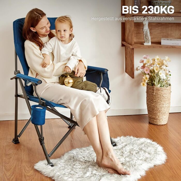 Крісло для кемпінгу EVER ADVANCED, XL, 230 кг, з кишенею та тримачем для напоїв, сидіння 62 см, для відпочинку на природі, риболовлі, балкону, саду (блакитний, підтримка попереку)
