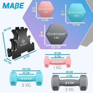 Набір гантелей KESSER® 12 кг з підставкою, 3 пари (1-5 кг), нековзкий неопрен, з інструкцією та фітнес-гумками