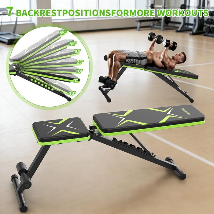 Складана лавка для тренувань з обтяженнями 330LBS, багатофункціональна, для дому, фітнесу, прес, зі змінним нахилом, зелена