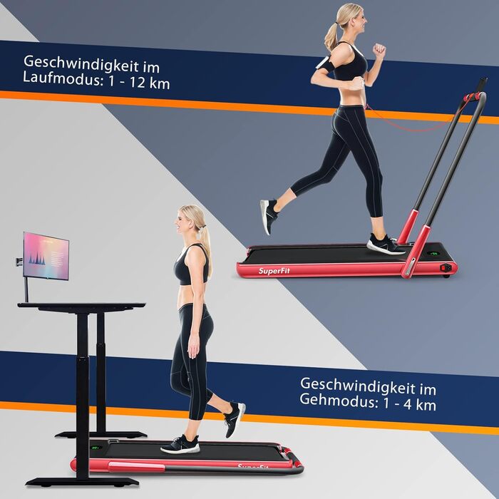 Бігова доріжка COSTWAY 2 в 1, складана, 2,25 к.с., з APP, Bluetooth, дистанційним керуванням, швидкість 1-12 км/год, для дому, червона