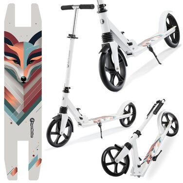 Самокат дитячий та підлітковий HyperMotion Vibe білий з лисячим малюнком, алюмінієвий, складний, до 100 кг, колеса 200 мм, ABEC-7