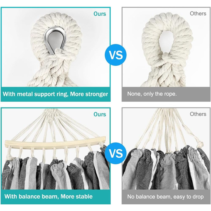 Гамак для відпочинку на відкритому повітрі: кемпінгу, балкону, тераси, саду. З дерев'яною перекладиною та сумкою для перенесення (сірий & білий)