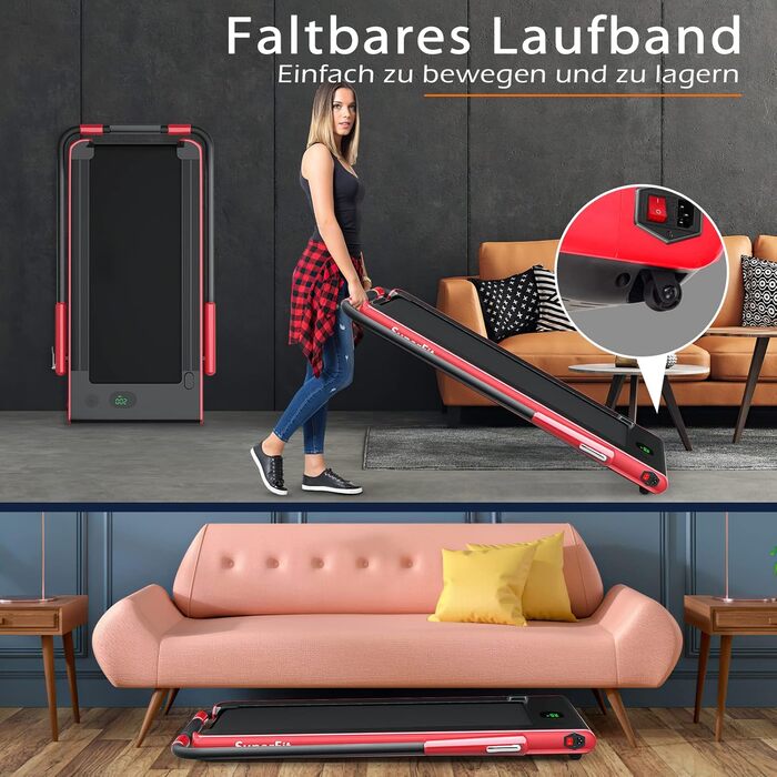 Бігова доріжка COSTWAY 2 в 1, складана, 2,25 к.с., з APP, Bluetooth, дистанційним керуванням, швидкість 1-12 км/год, для дому, червона