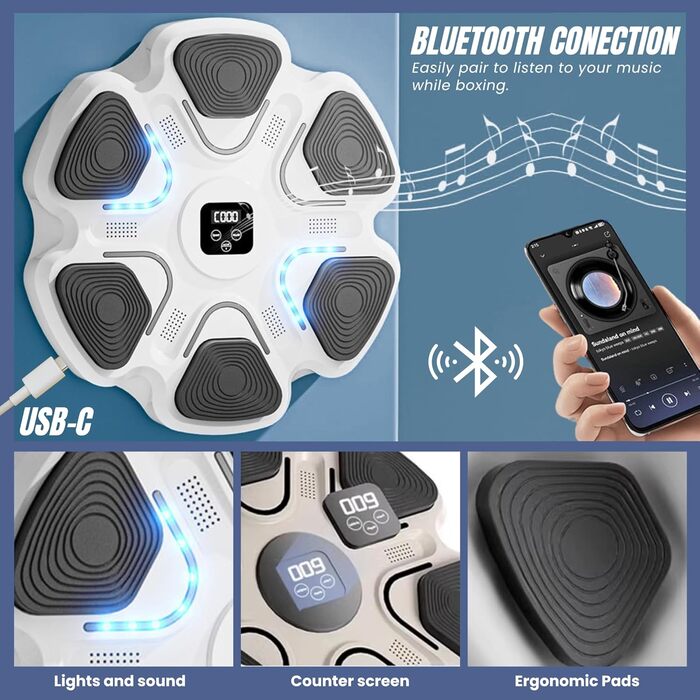 Електронна музична боксерська машина Vicyol S&D з Bluetooth, LED підсвіткою, 9 режимами, боксерськими рукавичками, PU настінна, 40x40x4 см