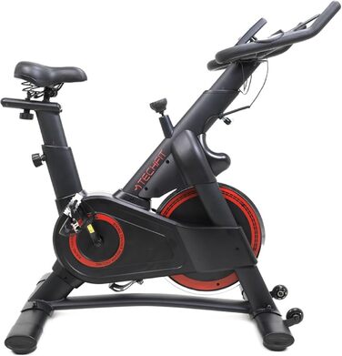 Велотренажер TechFit Professional Indoor Cycle з маховиком 20 кг, магнітним опором (99 рівнів), Bluetooth, дисплеєм, кріпленням для планшета, алюмінієвими педалями та регульованим кермом. Максимальна вага користувача: 200 кг. Розміри: 117x107x53 см