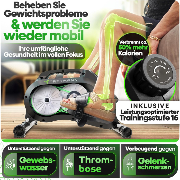 Тренажер для ніг Tretmann Pedaltrainer Pro Set: міні-велосипед для сеньйорів та реабілітації, безшумний домашній велотренажер з килимком та ременями