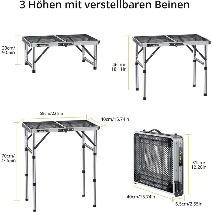 Стіл для кемпінгу Anbte Grilltisch 58x40 см, металевий, з регульованою висотою (26/48/70 см), алюмінієвий каркас, портативний, для пікніка, BBQ, саду, балкону (срібний)