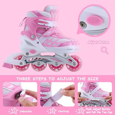 Дитячі ролики Kinder для дівчаток, регульовані на 4 розміри, світлові колеса, рожеві (EU 36-40)