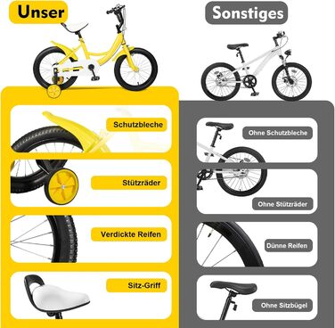 Дитячий велосипед 16 дюймів для дітей 5-8 років (105-135 см), міцний сталевий велосипед з додатковими колесами, регульоване сидіння та кермо (жовтий)