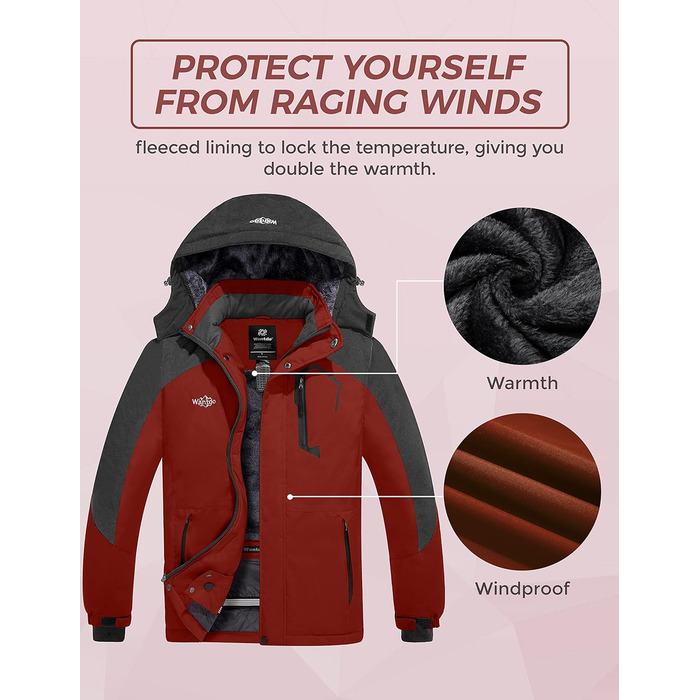Чоловіча гірськолижна куртка Wantdo - тепла зимова флісова куртка, водонепроникна, дихаюча, з капюшоном, вітрозахисна. Розмір L.