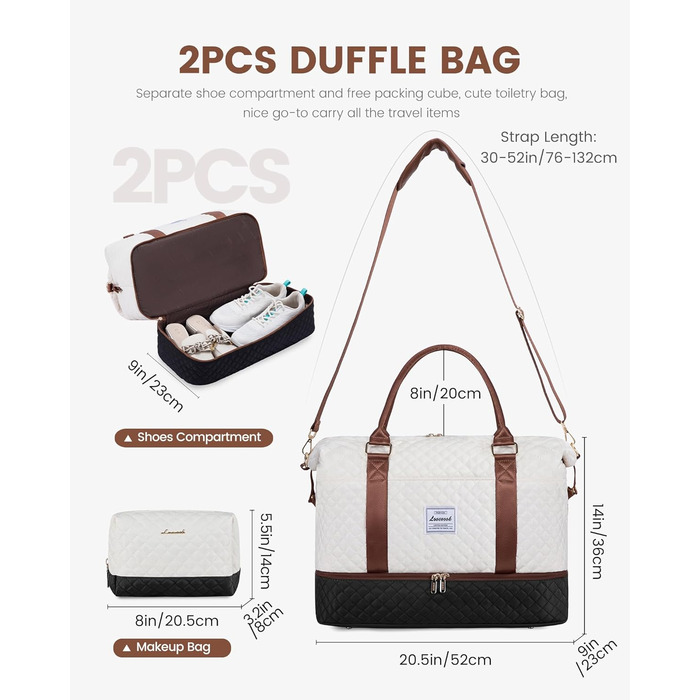 Спортивна сумка LOVEVOOK для жінок з відділенням для взуття, ручна поклажа для подорожей, сумка-мішок для вихідних, сітка для Gym, пляжу, сауни, кемпінгу (XL, 2 шт., Бежевий, Чорний, Коричневий)