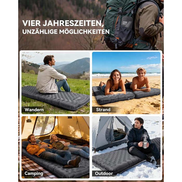 Килимок для кемпінгу HIKENTURE R-Wert 7.3 з ножною помпою, 10 см товщини, 210x64 см, 4 пори року, для туризму та наметів