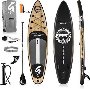 Надувна SUP дошка SereneLife з повним комплектом аксесуарів, дерев'яний дизайн, для дітей та дорослих, антиковзке покриття, насос, весло, рюкзак для перенесення