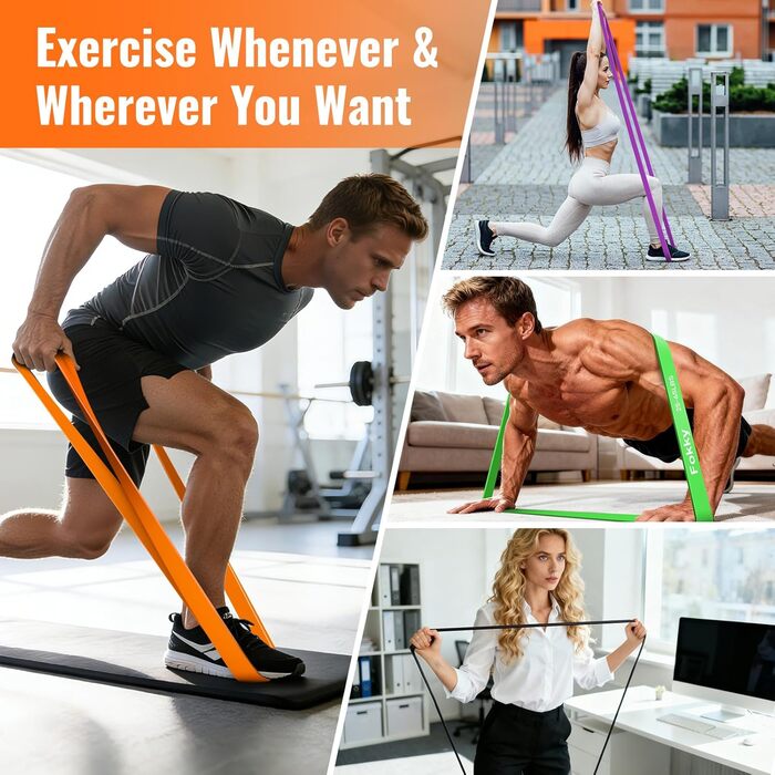 Набір еластичних стрічок Fokky для фітнесу, 4 рівні, з дверним кріпленням та захисними подушечками, для силових тренувань, чорний, фіолетовий, зелений, помаранчевий