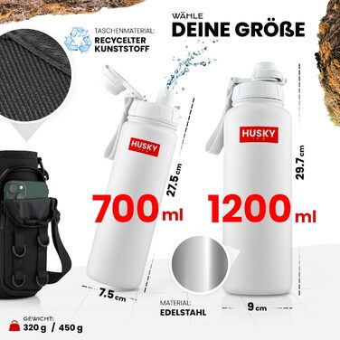 Термос HUSKY ICE 1.2 л із нержавіючої сталі, білий — пляшка для напоїв, подвійні стінки, термос, BPA-free, герметична, для спорту та активного відпочинку, з чохлом, підходить для миття в посудомийній машині