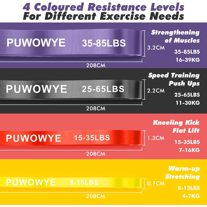 Набір еластичних стрічок для фітнесу з різними рівнями опору, з дверними фіксаторами, ручками, чохлом, сумкою та інструкцією. Стрічки для фітнесу/йоги/силових тренувань для чоловіків та жінок (фіолетовий, чорний, червоний, жовтий)