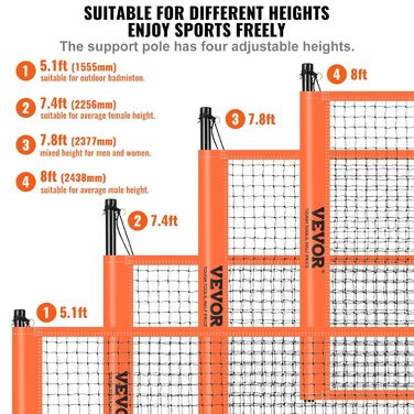 Мережа для волейболу та бадмінтону VEVOR, регульована по висоті, 91,44 x 970 см, портативна, оранжева, складана, з сумкою та ракеткою для бадмінтону