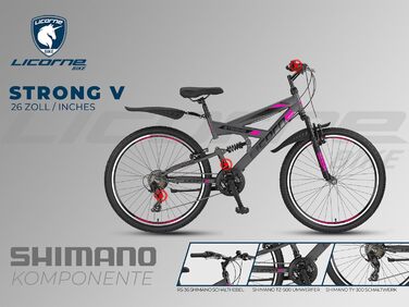 Гірський велосипед Licorne Bike Premium Strong V 24/26 дюймів для хлопців, дівчат, жінок і чоловіків, 21 швидкість, повна амортизація, антрацит/рожевий, 24 дюйми