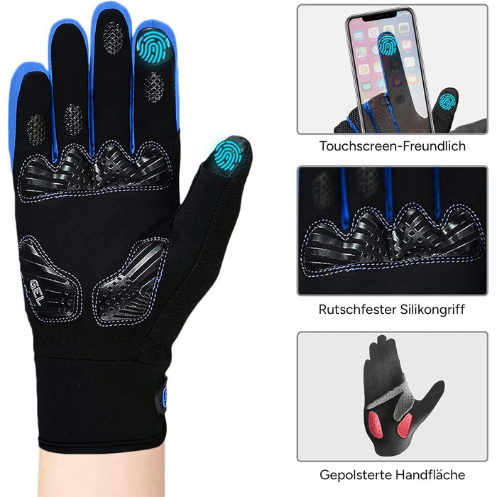 Зимові вело рукавички FDX з повним пальцем, дихаючі, водовідштовхувальні, вітронепроникні, з гелевою підкладкою, сумісні з сенсорними екранами, нековзкі, теплі – ідеальні для MTB, шосе, їзди на велосипеді та бігу. Чорний/Білий (Чорний/Синій, XL)