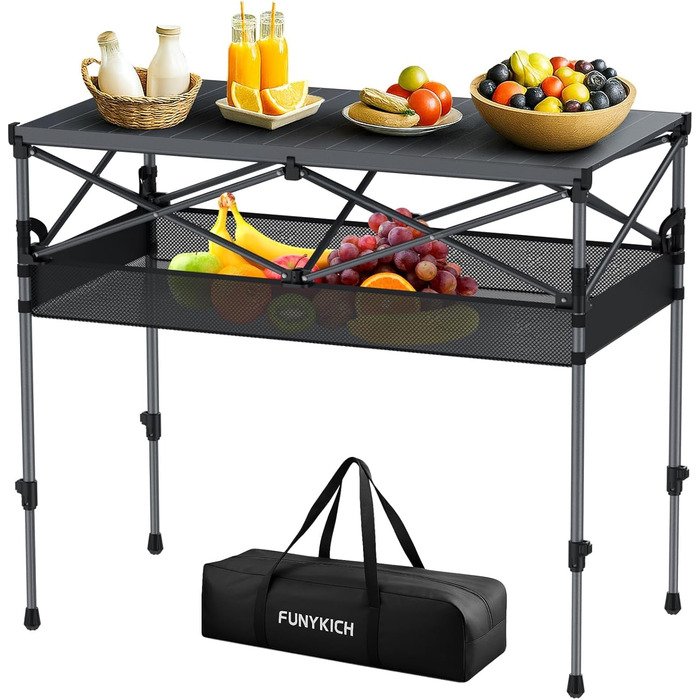 Складаний туристичний стіл FUNYKICH 82x40 см з регулюванням висоти (44/70 см), з сітчастою кишенькою, для пікніка, кемпінгу, BBQ, саду, партії. Розміри: 100x50x(70/87) см