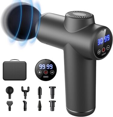 Масажний пістолет Bizcasa з LCD, 99 режимів, 8 насадок, USB-C, 29900 об/хв, для м'язової релаксації, сіра