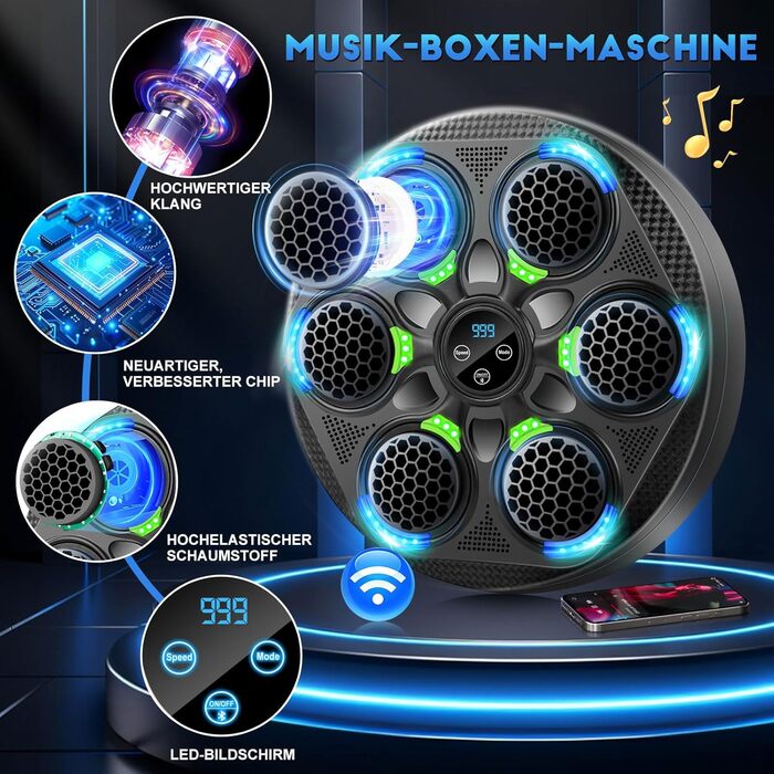 Музичний боксерський тренажер з Bluetooth, настінний, з рукавичками, 15 режимів швидкості та лічильник ударів для дорослих