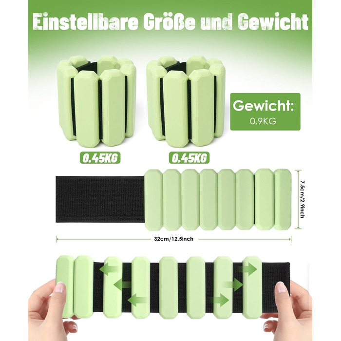 Регульовані вантажні манжети для зап'ястя (2 шт, по 0,45 кг), довговічні, портативні, для йоги, танців, пілатесу, кардіо, аеробіки, ходьби, зелені