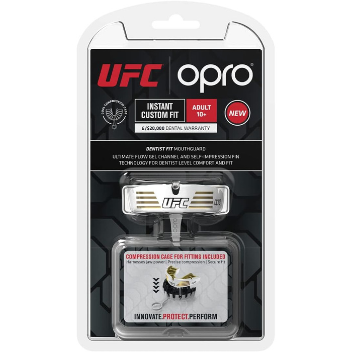 OPRO індивідуальна захисна капа UFC для дорослих, стоматологічна, для боксу, MMA, регбі, хокей, біло-золота, максимальний комфорт і захист