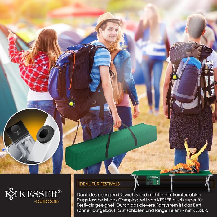 Кемпінгове ліжко KESSER® розкладне, 190/210 см, з сумкою, ліхтарем та кишенею, сталевий каркас, 150 кг, 600D Oxford