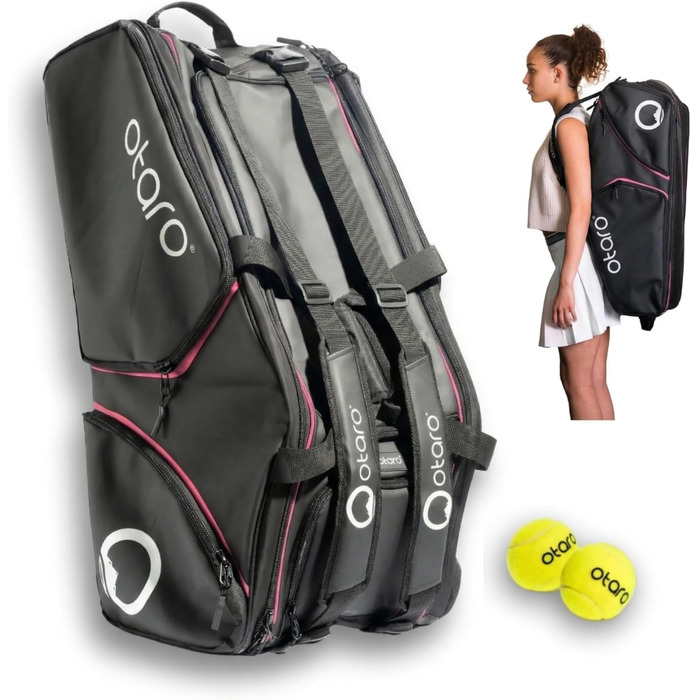 Сумка для тенісу Otaro Tennistasche 82L: Термосумка для 4 ракеток + відділення для взуття та охолодження | Водовідштовхувальна чорно-рожева тенісна сумка з відділенням для ноутбука