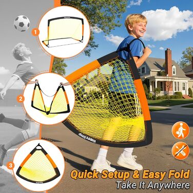 Ворота для футболу Happy Jump Pop-Up - складані для дітей та дорослих | 1 або 2 ворота: 120x90 / 152x110 / 213x152 см | З м'ячем, насосом, конусами та мішенню | Для саду та подарунка