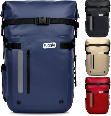 Водонепроникний рюкзак Ruqqle 45 л, RollTop, 3 зовнішні кишені, для пляжу, човнів, каяків, подорожей, кемпінгу, риболовлі та мотоциклів (Блакитний)