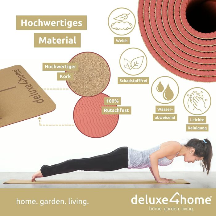 Йога мат для фітнесу Deluxe4Home® з корку, TPE, з ручкою для перенесення, з лінійками для вирівнювання, червоний