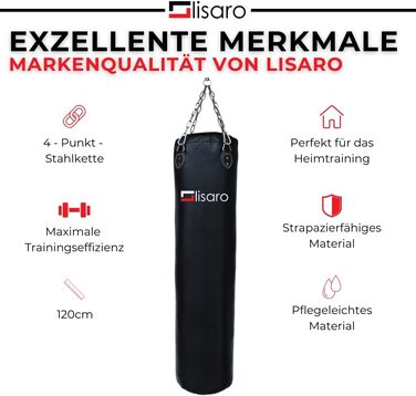 Боксерський мішок Lisaro Profi Boxsack 120x35 см для боксу, кікбоксингу та MMA, штучна шкіра (вініл), чорний, без наповнення