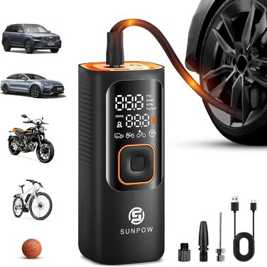 Електричний портативний компресор SUNPOW 7500mAh, 160 PSI для авто, велосипедів, з LCD дисплеєм, LED підсвіткою, Powerbank, 12V DC, автоматичне вимкнення