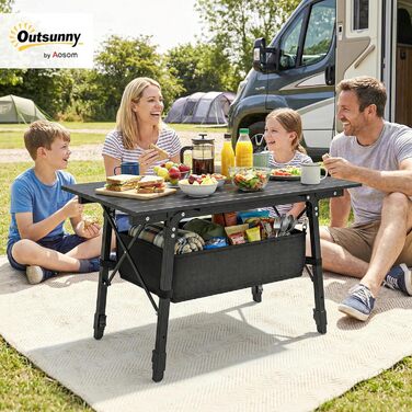 Складний алюмінієвий стіл Outsunny для кемпінгу, саду, балкону 90x55 см, чорний. З кошиком для зберігання, регульована висота