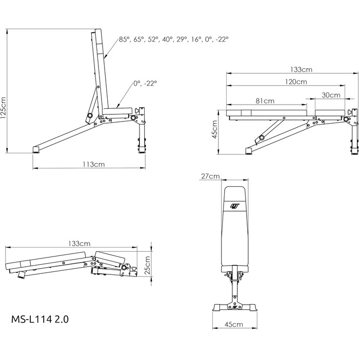 Регульована лавка для жиму Marbo Sport MS-L114, складна, чорна, виробництво ЄС