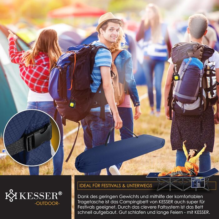 Кемпінгове ліжко KESSER® розкладне, металеве, 210 см, Navy Blue (темно-синій) з сумкою та ліхтарем