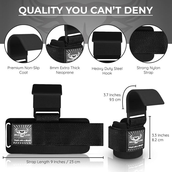 Набори для важкої атлетики BEAST RAGE: гаки для штанги, ремені на зап'ястя, неопренові, з підкладкою, гумовані, фітнес-бандажі, антиковзаючі, для тяги, тренувань, спортзалу, воркауту, чоловічі та жіночі (Чорний)