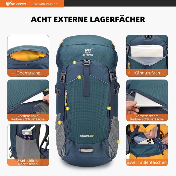 Рюкзак для туризму SKYSPER Alpen30 30 л, з вентиляцією спини, сітчастою спинкою, для гірських походів, синій